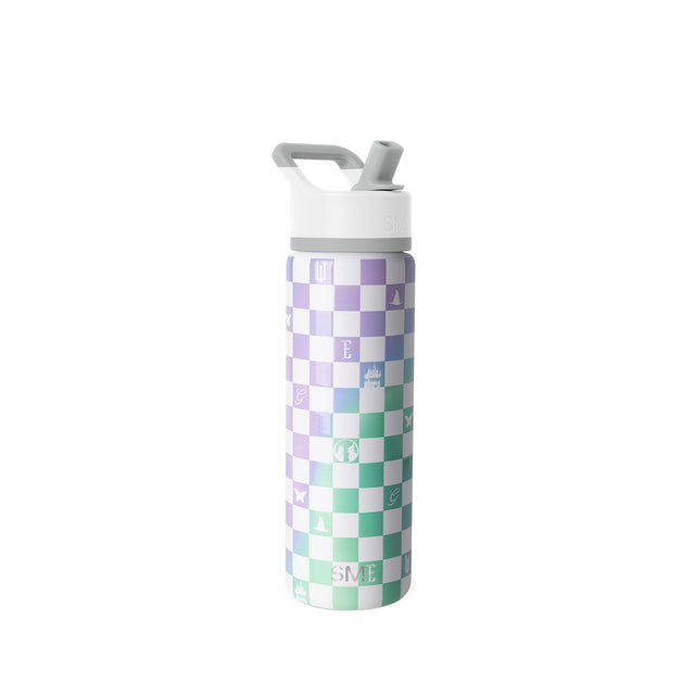 Pastel checkerboard water bottle with white base and alternating squares in pale lavender, lilac, soft blue, and mint green Pastel checkerboard water bottle with white base and alternating squares in pale lavender, lilac, soft blue, and mint green