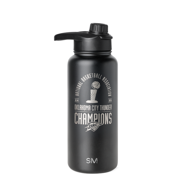 Black insulated water bottle with matte finish, screw-top lid, and flip carry handle on white background Black insulated water bottle with matte finish, screw-top lid, and flip carry handle on white background