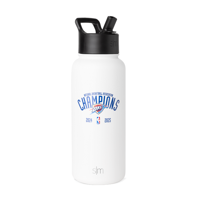 White water bottle with black lid and spout featuring royal blue OKC Thunder team graphic text on front White water bottle with black lid and spout featuring royal blue OKC Thunder team graphic text on front