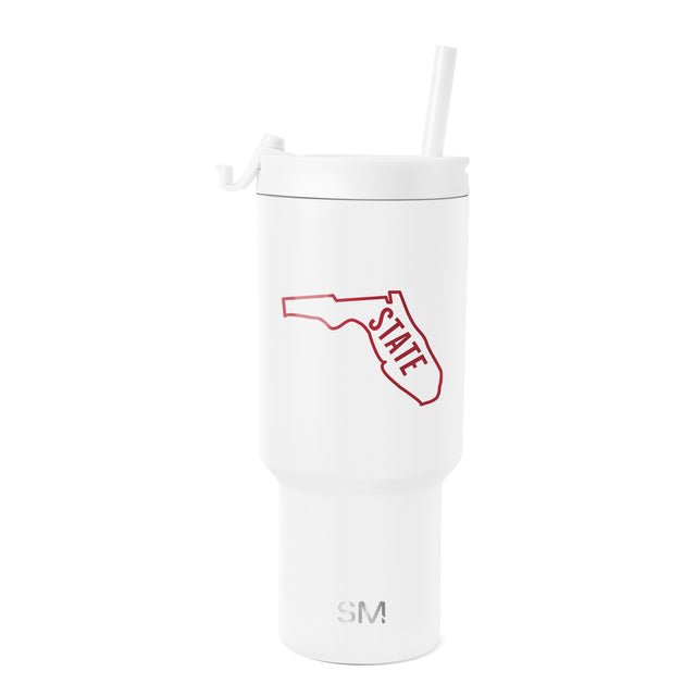 White tumbler with deep red outline illustration and light gray SM logo near bottom White tumbler with deep red outline illustration and light gray SM logo near bottom