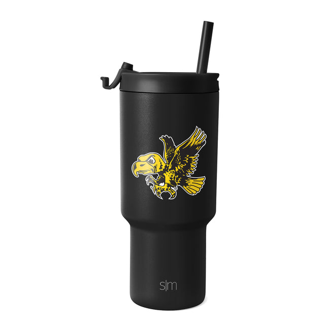 Matte black tumbler with bright gold and yellow eagle graphic outlined in white, featuring Iowa design elements Matte black tumbler with bright gold and yellow eagle graphic outlined in white, featuring Iowa design elements