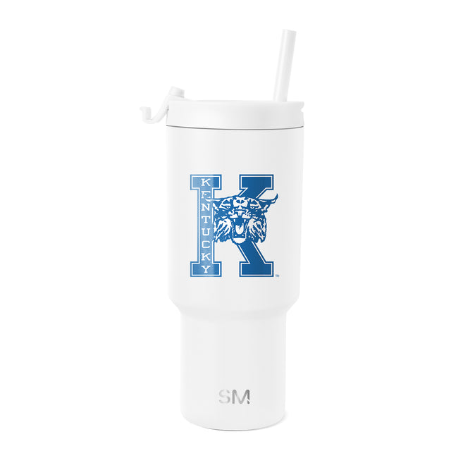 White insulated tumbler with matte finish and blue logo design on clean white background White insulated tumbler with matte finish and blue logo design on clean white background