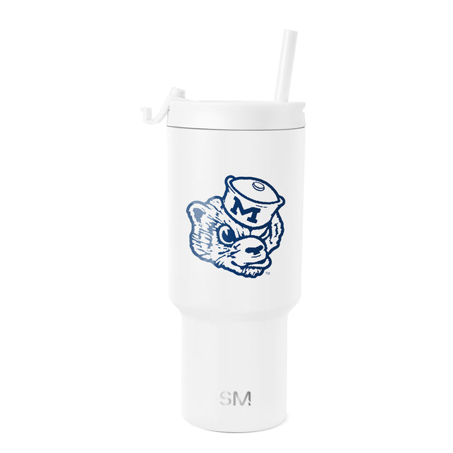 White tumbler with navy blue graphic illustration and branding details White tumbler with navy blue graphic illustration and branding details