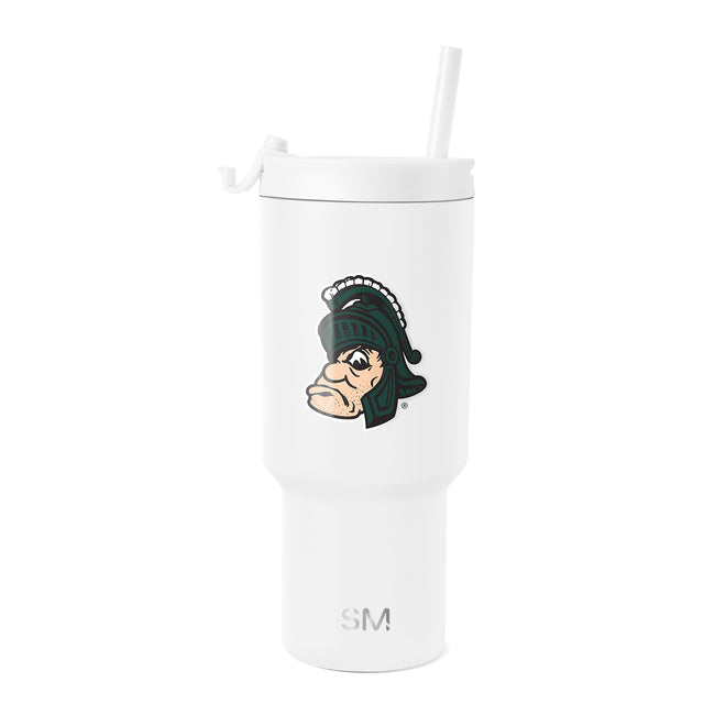 White 30-ounce insulated tumbler with sports mascot design and tapered bottom, shown against neutral background White 30-ounce insulated tumbler with sports mascot design and tapered bottom, shown against neutral background