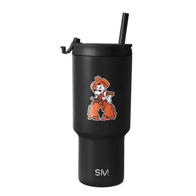 Black stainless steel tumbler with vibrant orange and white vintage-style graphic design and metallic accents, displayed at an angle against a neutral background. Black stainless steel tumbler with vibrant orange and white vintage-style graphic design and metallic accents, displayed at an angle against a neutral background.