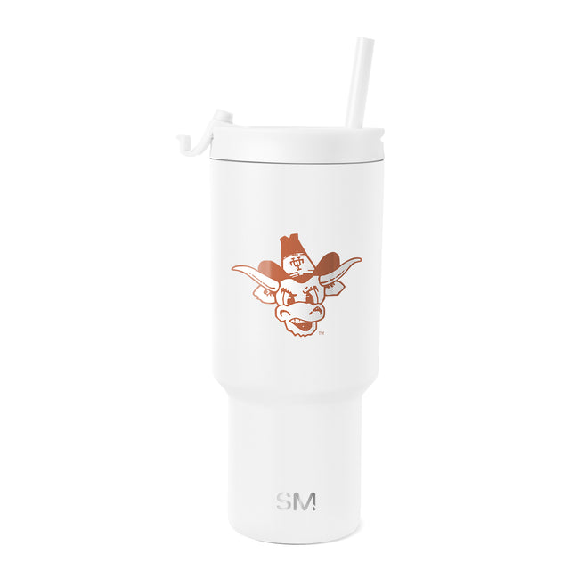 White insulated tumbler with rust orange graphic design and matching straw, front view White insulated tumbler with rust orange graphic design and matching straw, front view