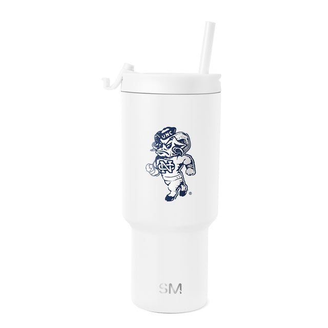White insulated tumbler with straw, cylindrical tapered design, Simple Modern Summit style, photographed against light gray background. White insulated tumbler with straw, cylindrical tapered design, Simple Modern Summit style, photographed against light gray background.