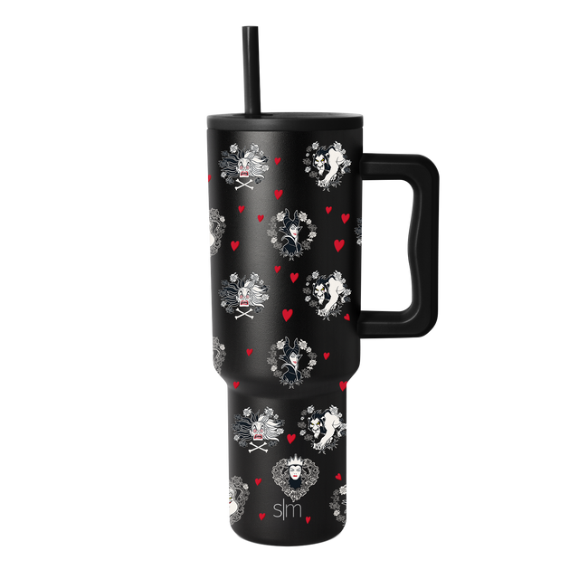 Matte black tumbler with cream decorative graphics and bright red hearts scattered throughout the design Matte black tumbler with cream decorative graphics and bright red hearts scattered throughout the design
