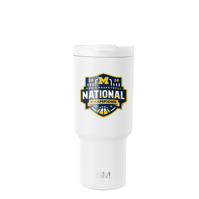 White Simple Modern travel tumbler with University of Michigan Men's Basketball 2025 National Champions badge in gold and navy blue, featuring the M logo and basketball icon on a neutral background. White Simple Modern travel tumbler with University of Michigan Men's Basketball 2025 National Champions badge in gold and navy blue, featuring the M logo and basketball icon on a neutral background.