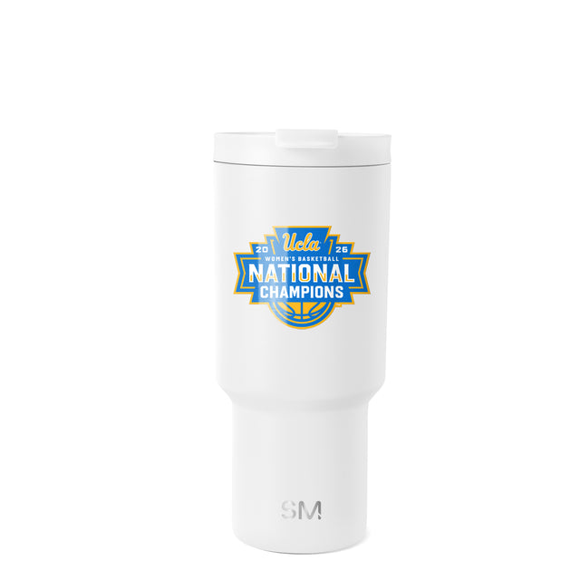 White UCLA Women's Basketball National Champions tumbler with blue and yellow graphic, handle lid, and SM logo on neutral background. White UCLA Women's Basketball National Champions tumbler with blue and yellow graphic, handle lid, and SM logo on neutral background.