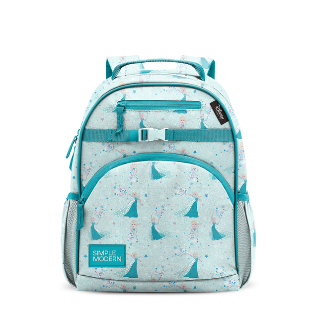 Ice blue children's backpack with teal straps and handles, featuring pink, purple, and white details with blue stars. Includes padded shoulder straps, front compartment, side mesh pockets, and Simple Modern brand label. Ice blue children's backpack with teal straps and handles, featuring pink, purple, and white details with blue stars. Includes padded shoulder straps, front compartment, side mesh pockets, and Simple Modern brand label.
