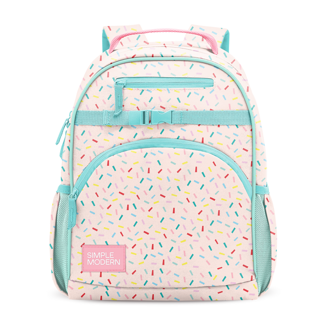 Light pink backpack with turquoise trim and colorful sprinkle pattern overlay Light pink backpack with turquoise trim and colorful sprinkle pattern overlay