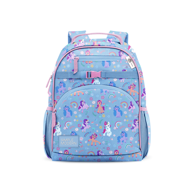 Periwinkle blue backpack with vibrant pink accents, featuring purple, magenta, coral, yellow, and white decorative details Periwinkle blue backpack with vibrant pink accents, featuring purple, magenta, coral, yellow, and white decorative details