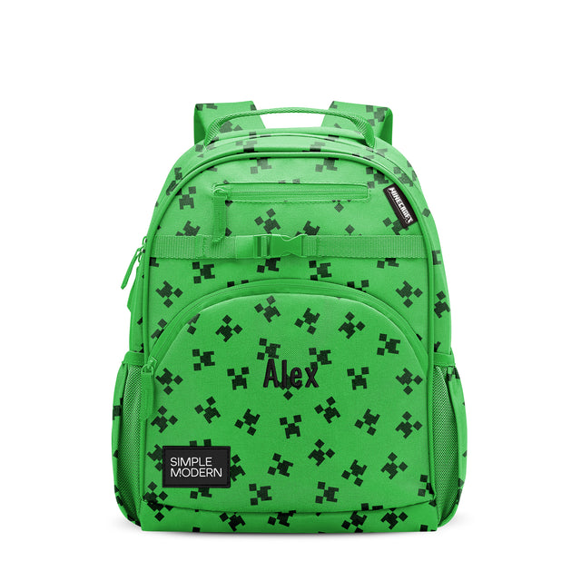 Lime green children's backpack with black pixelated gaming design, padded shoulder straps, front zippered pocket personalized with Lime green children's backpack with black pixelated gaming design, padded shoulder straps, front zippered pocket personalized with