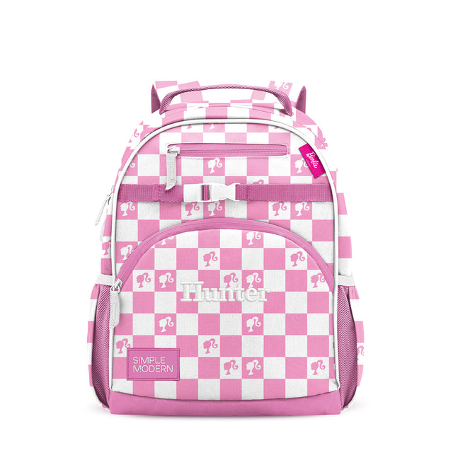 Pink and white checkered backpack with cat silhouettes, padded shoulder straps, front zippered compartments, and mesh side pockets. Simple Modern brand school or travel bag on white background. Pink and white checkered backpack with cat silhouettes, padded shoulder straps, front zippered compartments, and mesh side pockets. Simple Modern brand school or travel bag on white background.