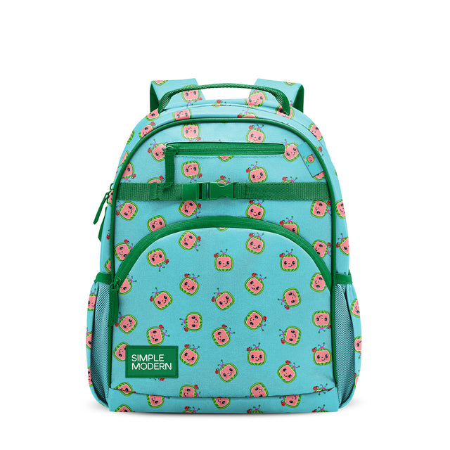 Bright turquoise children's backpack with smiling watermelon character pattern in pink and coral, forest green handles and side pockets, dual padded straps, front zipper compartment, and mesh water bottle holders. Simple Bright turquoise children's backpack with smiling watermelon character pattern in pink and coral, forest green handles and side pockets, dual padded straps, front zipper compartment, and mesh water bottle holders. Simple