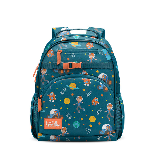 Teal blue children's backpack with space theme, orange accents, multiple zippered pockets, padded shoulder straps, and Teal blue children's backpack with space theme, orange accents, multiple zippered pockets, padded shoulder straps, and