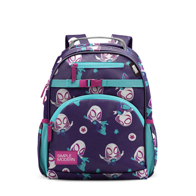 Simple Modern children's backpack in dark purple with turquoise and magenta accents, featuring an all-over character print design with organized pockets, chest strap, and mesh side pockets. Simple Modern children's backpack in dark purple with turquoise and magenta accents, featuring an all-over character print design with organized pockets, chest strap, and mesh side pockets.