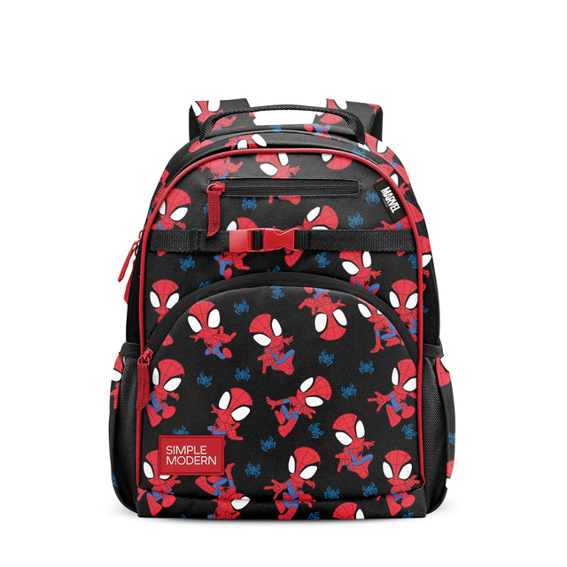 Black Spider-Man children's backpack with red and blue character print, mesh side pockets, front zippered compartment with red pull, padded shoulder straps, and Simple Modern label on white background. Black Spider-Man children's backpack with red and blue character print, mesh side pockets, front zippered compartment with red pull, padded shoulder straps, and Simple Modern label on white background.