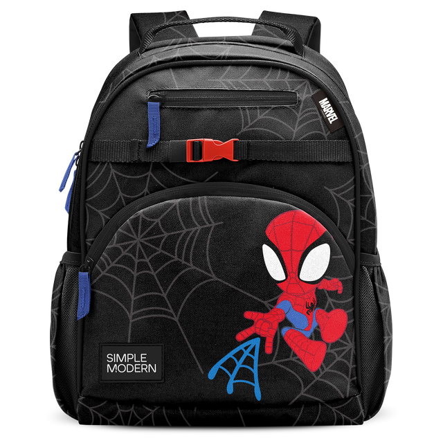 Black kids backpack with red and blue graphic design, blue zipper pulls and straps, white accents Black kids backpack with red and blue graphic design, blue zipper pulls and straps, white accents