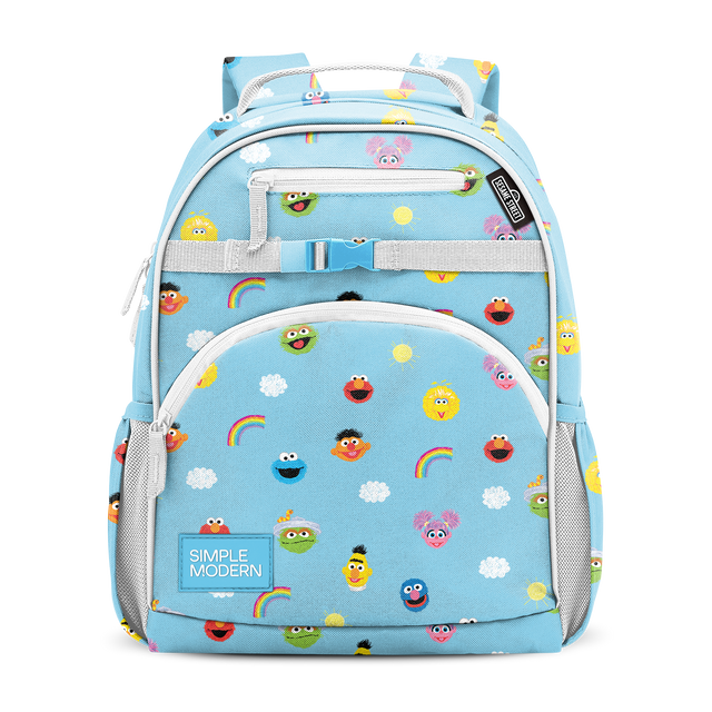 Light sky blue backpack with white straps and trim, featuring bright yellow, red, orange, and pink accents on zippered compartments and details. Light sky blue backpack with white straps and trim, featuring bright yellow, red, orange, and pink accents on zippered compartments and details.