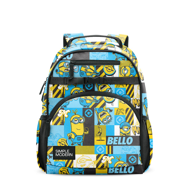 Colorful children's backpack with yellow, blue, and white patchwork design, black straps and mesh panels, front carrying handle, and Simple Modern branding. Product shot on white background. Colorful children's backpack with yellow, blue, and white patchwork design, black straps and mesh panels, front carrying handle, and Simple Modern branding. Product shot on white background.