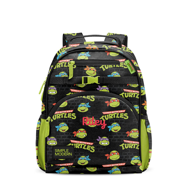 Black TMNT backpack with all-over turtle character print, lime green mesh panels, Black TMNT backpack with all-over turtle character print, lime green mesh panels,