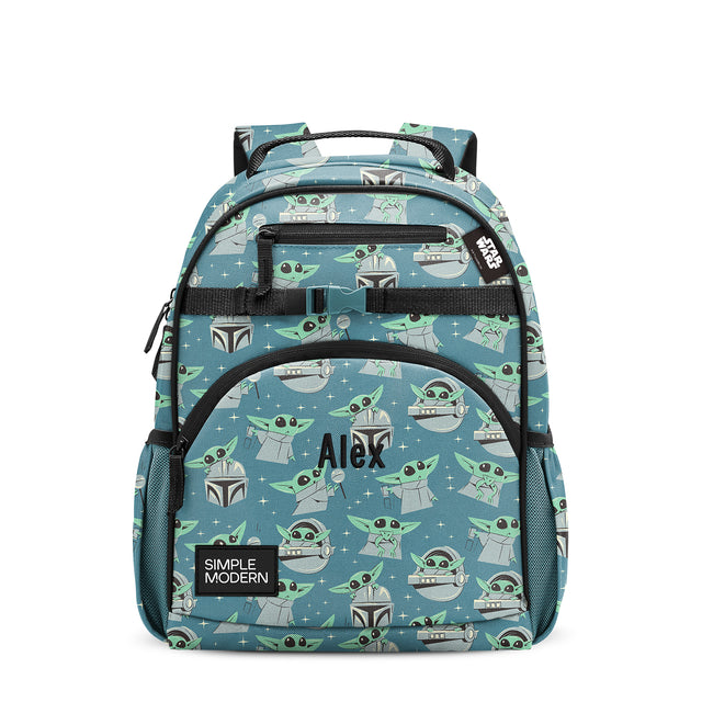 Teal and mint green Star Wars children's backpack with Baby Yoda characters, padded straps, multiple zippered compartments, side mesh pockets, and personalized Teal and mint green Star Wars children's backpack with Baby Yoda characters, padded straps, multiple zippered compartments, side mesh pockets, and personalized