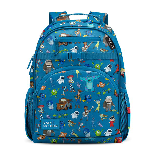 Teal blue backpack with white, orange, brown, red, yellow, green, and purple accents throughout the exterior design. Teal blue backpack with white, orange, brown, red, yellow, green, and purple accents throughout the exterior design.