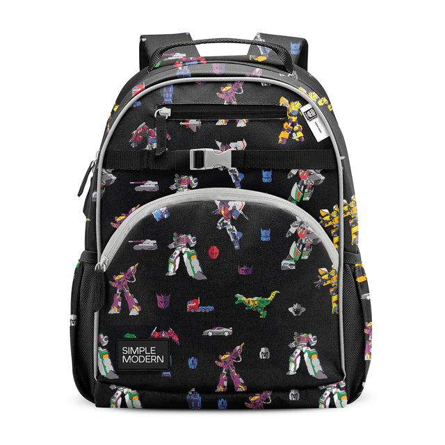 Black school backpack with colorful Transformers-themed print, gray trim, padded straps, front zippered pockets, chest buckle, and Simple Modern branding. Studio product photo on white background. Black school backpack with colorful Transformers-themed print, gray trim, padded straps, front zippered pockets, chest buckle, and Simple Modern branding. Studio product photo on white background.
