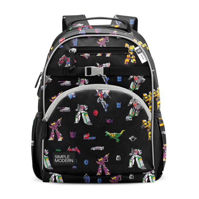 Black backpack with multicolored geometric pattern in blue, yellow, red, purple, green, and orange accents with gray trim. Black backpack with multicolored geometric pattern in blue, yellow, red, purple, green, and orange accents with gray trim.