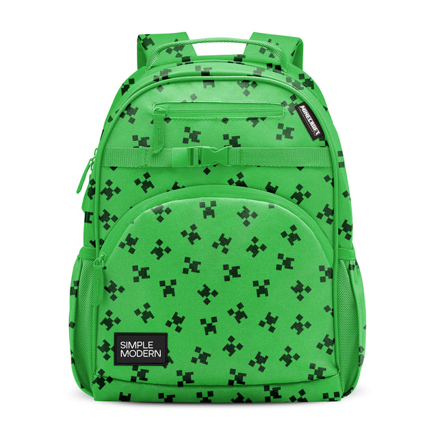 Lime green gaming backpack with black pixelated patterns, featuring multiple front pockets, padded straps, and side mesh pockets. Simple Modern and Minecraft branding visible on front. Lime green gaming backpack with black pixelated patterns, featuring multiple front pockets, padded straps, and side mesh pockets. Simple Modern and Minecraft branding visible on front.