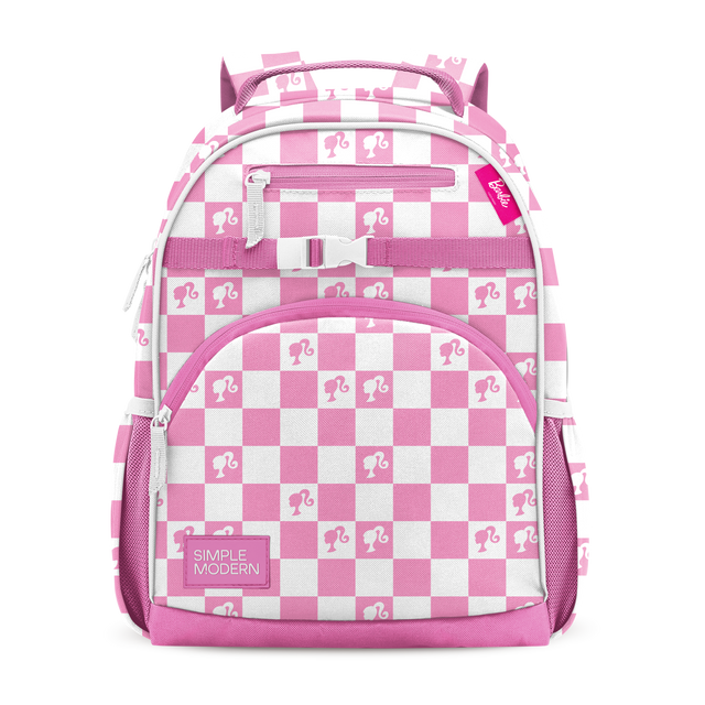 Pink and white backpack with hot pink accents, blocks, borders and trim details Pink and white backpack with hot pink accents, blocks, borders and trim details