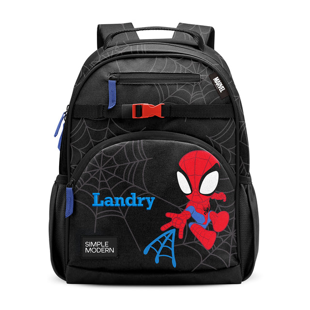 Black and blue Spider-Man children's backpack with red accents, padded straps, front pockets, mesh side compartments, and red buckle closure featuring web pattern design and Black and blue Spider-Man children's backpack with red accents, padded straps, front pockets, mesh side compartments, and red buckle closure featuring web pattern design and