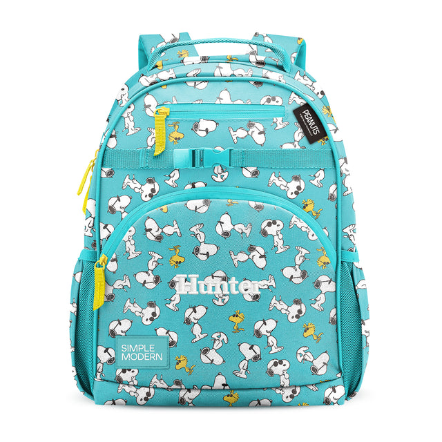 Turquoise Peanuts children's backpack with Snoopy and Woodstock characters, yellow zipper pulls, padded straps, front pocket, and mesh side pockets on white background. Turquoise Peanuts children's backpack with Snoopy and Woodstock characters, yellow zipper pulls, padded straps, front pocket, and mesh side pockets on white background.