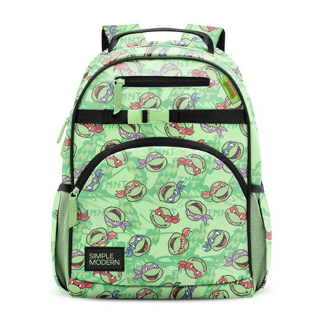Lime green children's backpack with Teenage Mutant Ninja Turtles circular character pattern in red, blue, and purple. Features black shoulder straps, carry handle, front pockets, and mesh side panels. Simple Modern branded Lime green children's backpack with Teenage Mutant Ninja Turtles circular character pattern in red, blue, and purple. Features black shoulder straps, carry handle, front pockets, and mesh side panels. Simple Modern branded