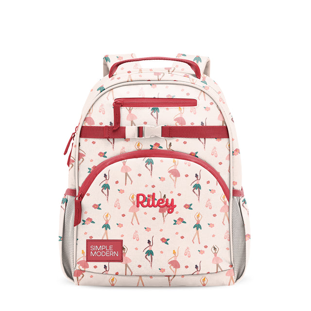 Cream and coral children's backpack with ballet and floral design, front zippered pockets, padded shoulder straps, carry handle, and side mesh pockets, personalized with Cream and coral children's backpack with ballet and floral design, front zippered pockets, padded shoulder straps, carry handle, and side mesh pockets, personalized with