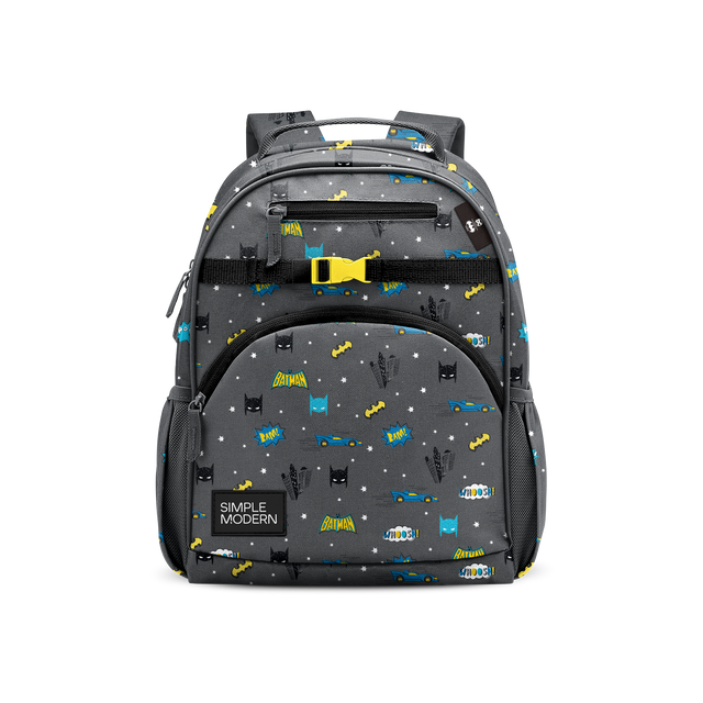 Charcoal gray backpack with vibrant yellow, electric blue, and cyan accent pattern and white details. Charcoal gray backpack with vibrant yellow, electric blue, and cyan accent pattern and white details.