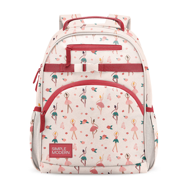 Cream and red children's school backpack with multicolored floral pattern, dual red handles, front zippered pocket, utility strap, side mesh panels, and padded back. Simple Modern brand label visible. Cream and red children's school backpack with multicolored floral pattern, dual red handles, front zippered pocket, utility strap, side mesh panels, and padded back. Simple Modern brand label visible.
