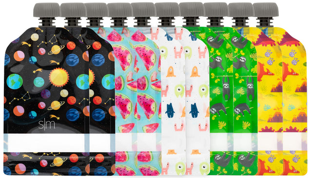 Row of colorful pouches with dark navy and black backgrounds featuring bright multicolored planets, stars, and celestial design elements Row of colorful pouches with dark navy and black backgrounds featuring bright multicolored planets, stars, and celestial design elements