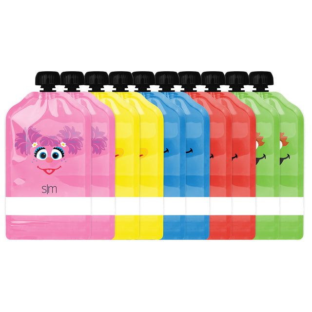 Six colorful food pouches arranged in a row displaying hot pink, light pink, bright yellow, sky blue, coral red, and lime green assorted flavors. Six colorful food pouches arranged in a row displaying hot pink, light pink, bright yellow, sky blue, coral red, and lime green assorted flavors.