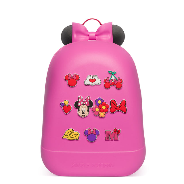 Hot pink backpack with black Minnie Mouse character details and rounded ear attachments Hot pink backpack with black Minnie Mouse character details and rounded ear attachments