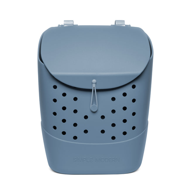 Soft blue-gray bucket with black perforated details and light gray lid flap Soft blue-gray bucket with black perforated details and light gray lid flap