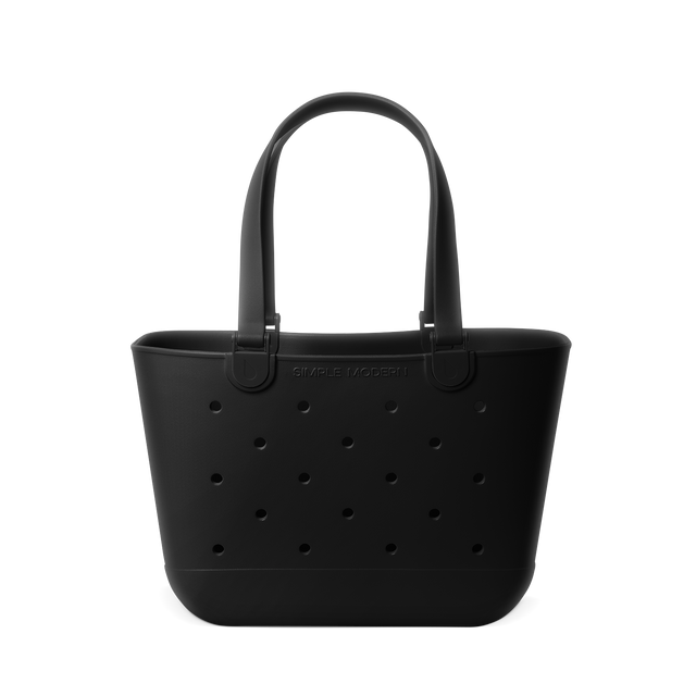 Black rubber tote bag with rectangular silhouette, curved sides, and flat bottom on white background Black rubber tote bag with rectangular silhouette, curved sides, and flat bottom on white background