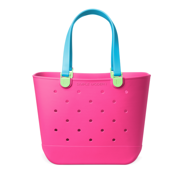 Hot pink tote bag with turquoise handles and lime green accents Hot pink tote bag with turquoise handles and lime green accents