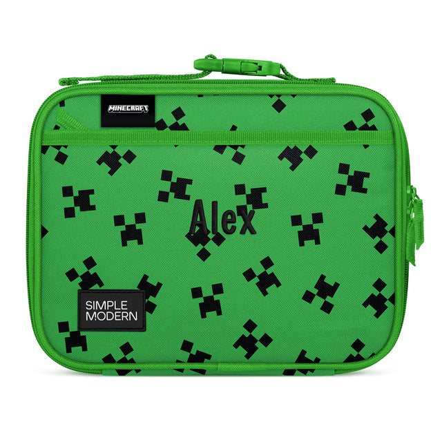 Lime green Minecraft-themed lunch case by Simple Modern with black creeper faces and diamond patterns, green handle and zipper, labeled Lime green Minecraft-themed lunch case by Simple Modern with black creeper faces and diamond patterns, green handle and zipper, labeled