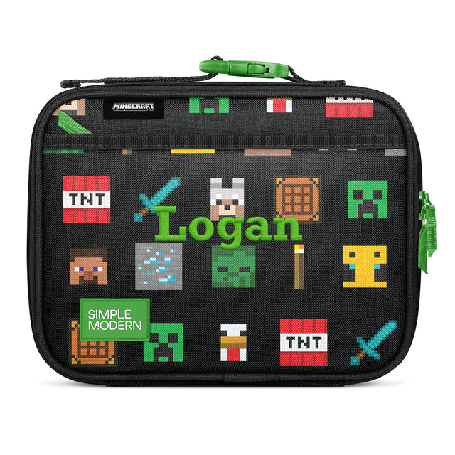 Charcoal gray Minecraft lunch box with bright green handle and zipper pull, personalized with Charcoal gray Minecraft lunch box with bright green handle and zipper pull, personalized with