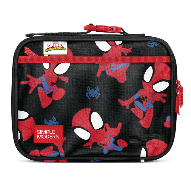 Black insulated lunch bag with red, white, and bright blue accents on straps and zipper details Black insulated lunch bag with red, white, and bright blue accents on straps and zipper details