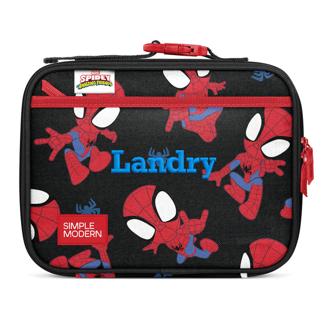 Red and black Spider-Man insulated lunch box from Simple Modern featuring Red and black Spider-Man insulated lunch box from Simple Modern featuring