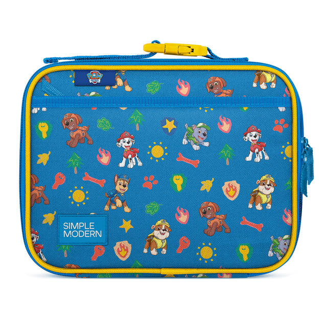 Bright blue Simple Modern insulated lunch box with Paw Patrol characters, yellow trim, and carry handle. Features cartoon puppies Chase, Marshall, and team members with decorative bones, paw shields, and tropical flowers on Bright blue Simple Modern insulated lunch box with Paw Patrol characters, yellow trim, and carry handle. Features cartoon puppies Chase, Marshall, and team members with decorative bones, paw shields, and tropical flowers on